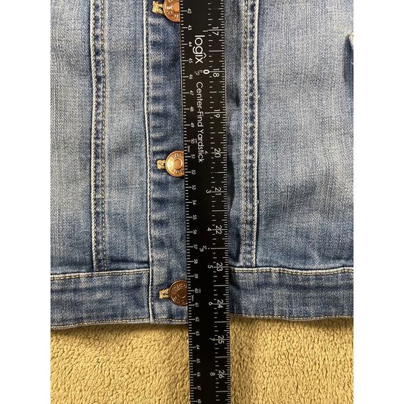 Chico's Woman's Paisley Blue Denim Stretch Long Sleeve Jean Jacket Size 2, Large - Picture 3 of 8